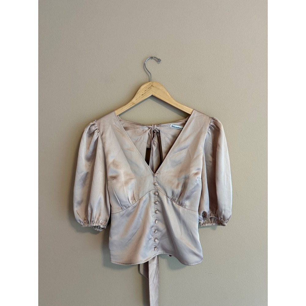 Abercrombie & Fitch Satin Puff Sleeve Tie Back V-Neck Blouse Champagne Small